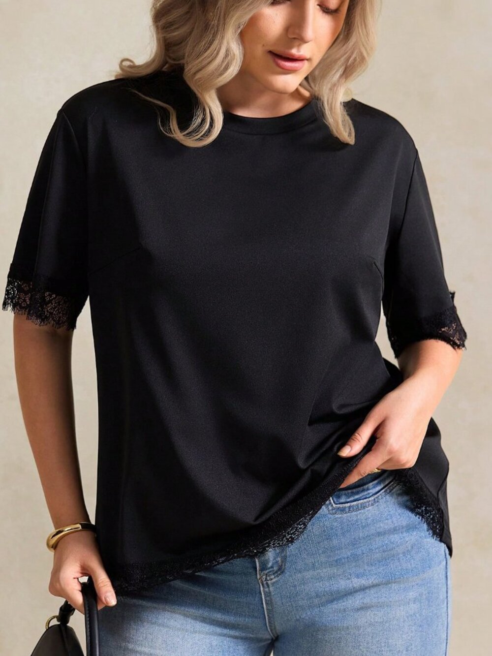 Black Casual Women's Plus Size A-Line Lace detailed blouse top - Picture 2 of 6